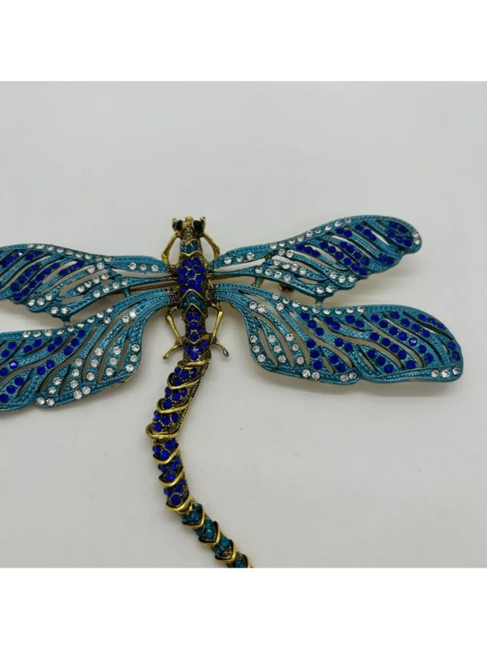 Dragonfly Brooch Articulated Tail Blue Teal Rhinestones Statement 5 inch Insect